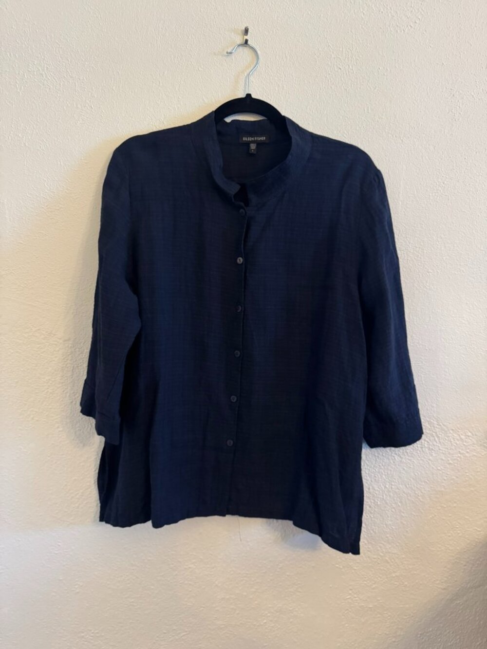 Eileen Fisher Navy Linen Blend Mandarin Collar Shirt | Size Large - Picture 2 of 3